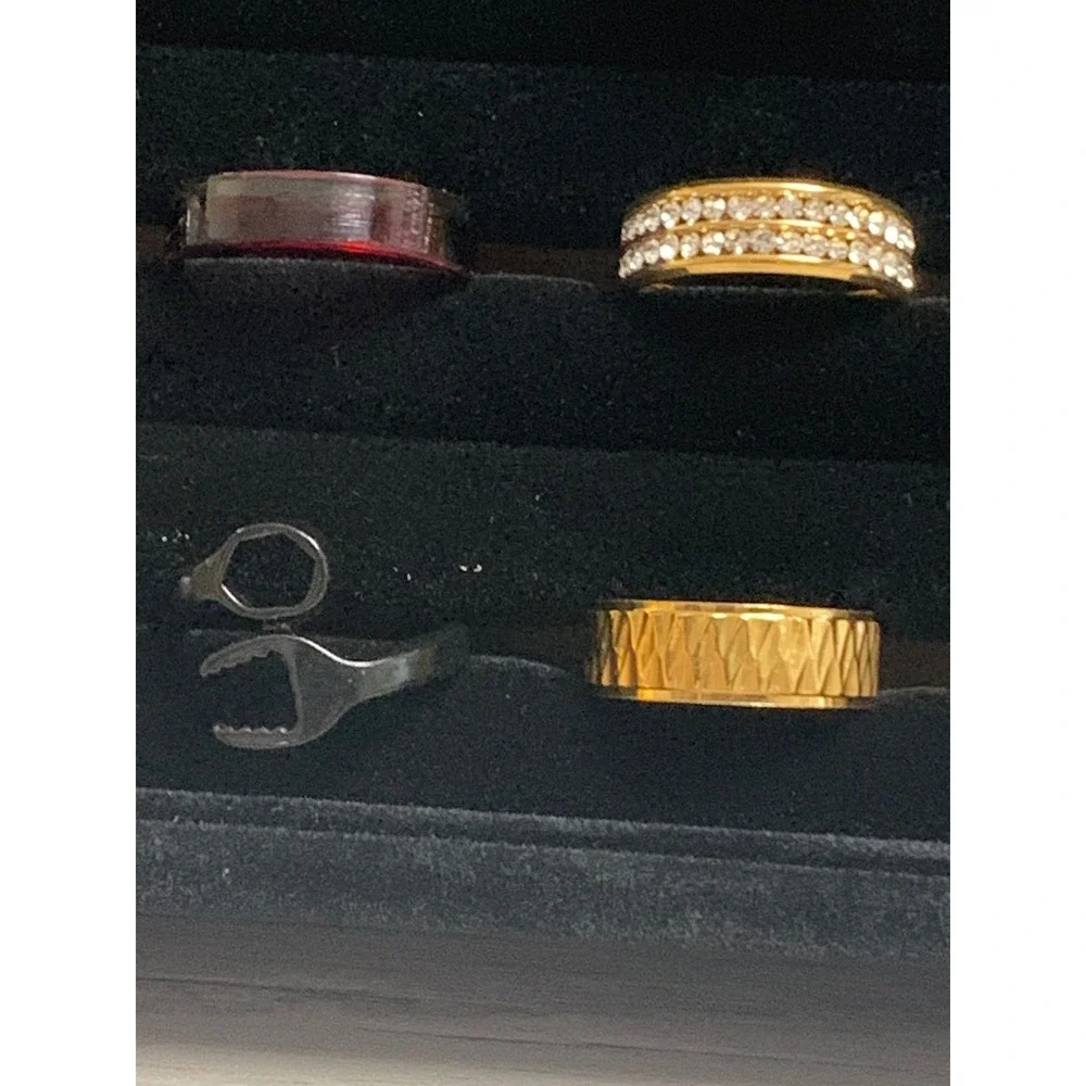 Lot of 20 Mens Rings with Tray Wolf AC/DC Wrench Band Gold Silver Black Tones